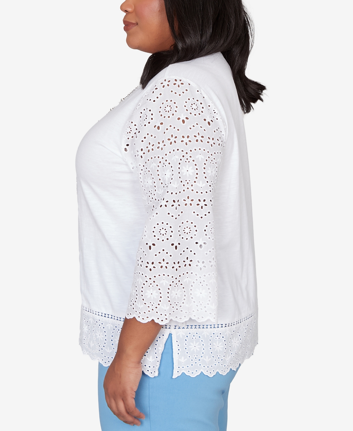 Alfred Dunner Plus Size St. Augustine Solid Eyelet Trim Top With Necklace In White