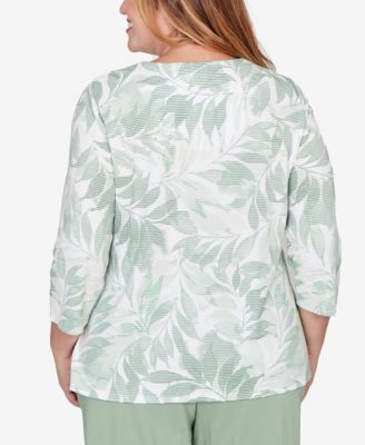 Plus Size St. Augustine Monotone Leaf Print Split Neck Top