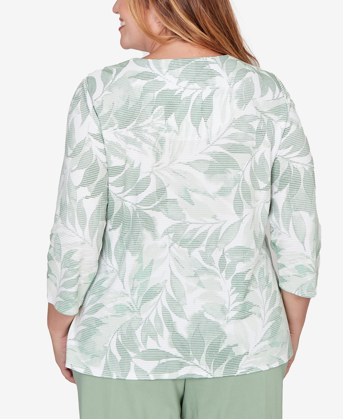 Alfred Dunner Plus St. Augustine Monotone Leaf Print Split Neck Top