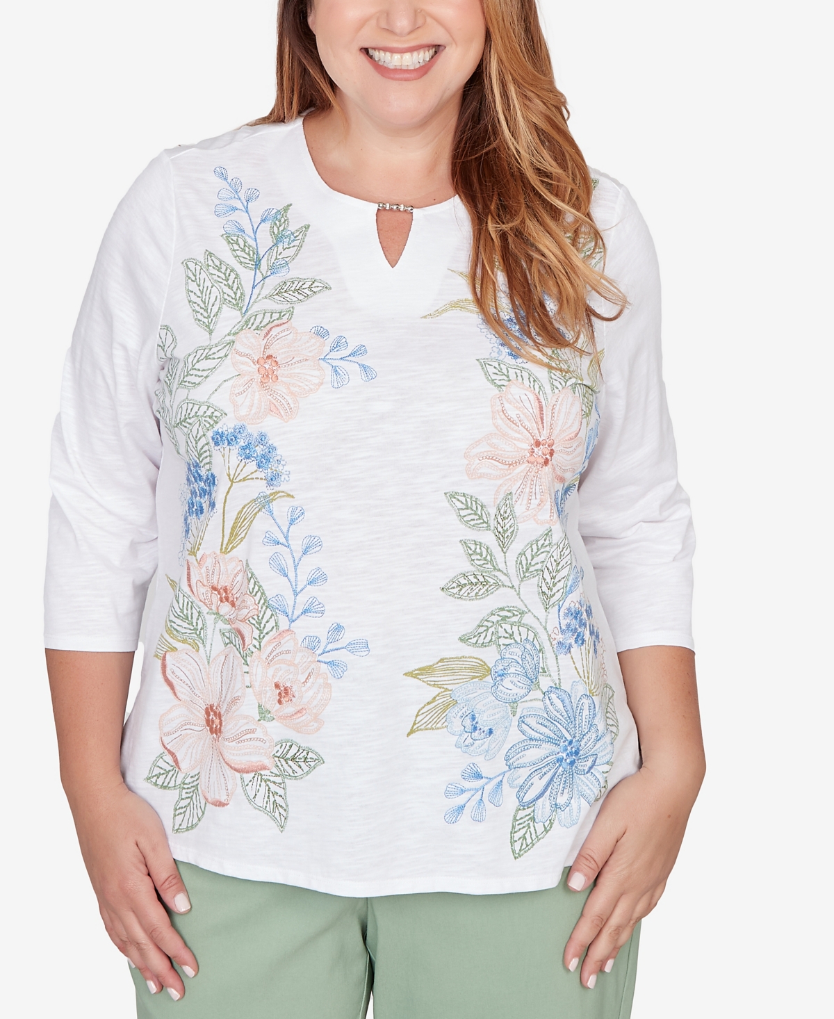 Alfred Dunner Plus St. Augustine Blooming Floral Embroidered Split Neck Top