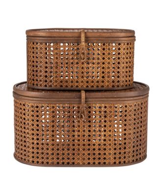 Modern Decorative Oval Woven Rattan Storage Boxes, Set of 2 Sizes, Dark Brown Finish
