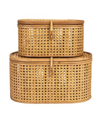 Modern Decorative Oval Woven Rattan Storage Boxes, Set of 2 Sizes, Dark Brown Finish