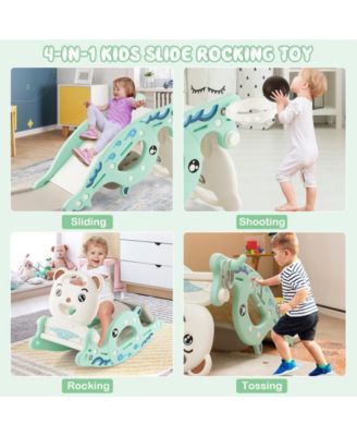 4-in-1 Kids Slide Rocking Horse with Basketball and Ring Toss-Green