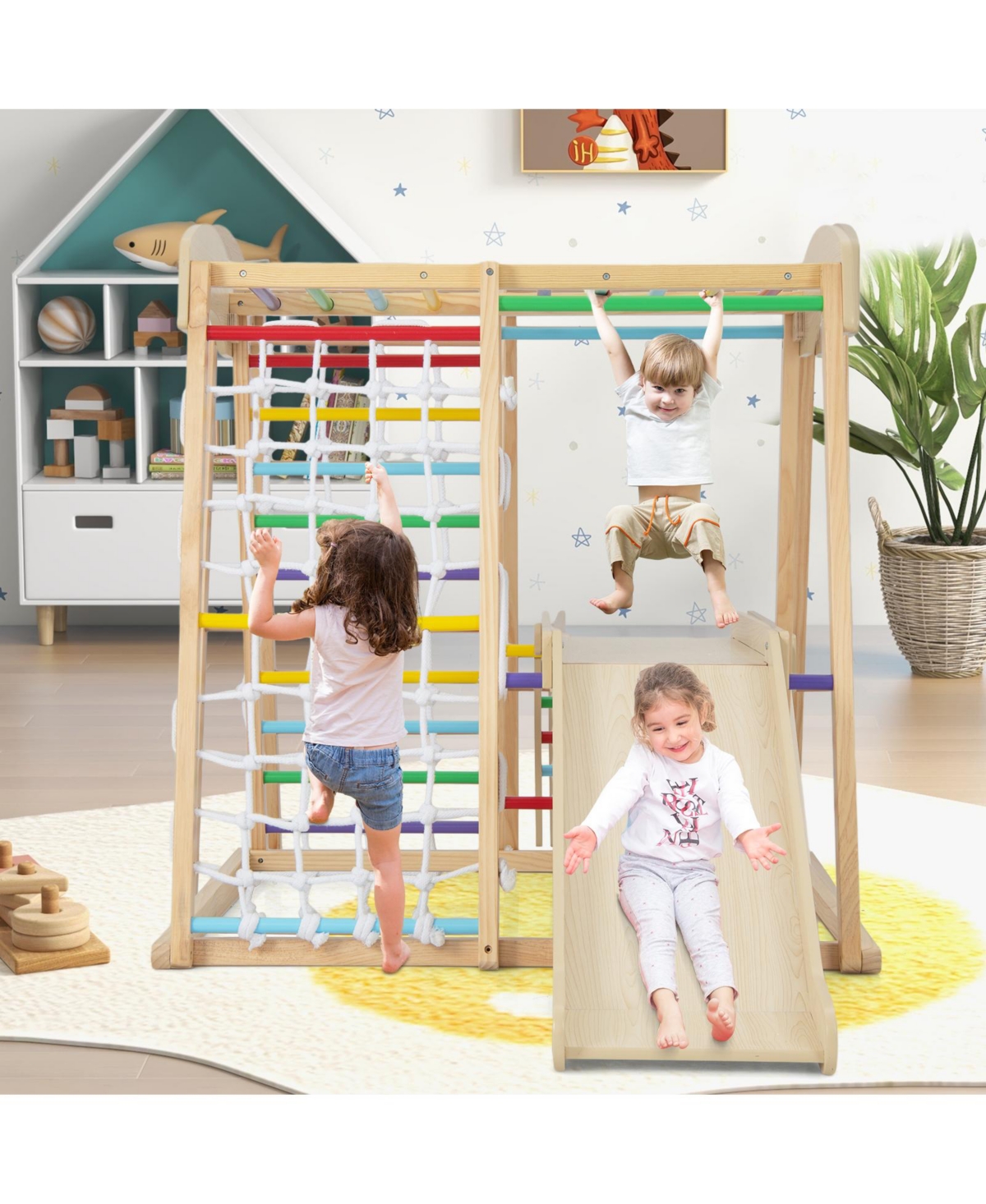 Skonyon 6-in-1 Indoor Jungle Gym Kids Wooden Playground with Monkey Bars-Natural.