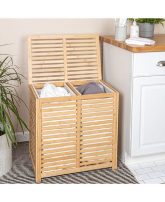 Bamboo and Cotton Double Laundry Sorter with Lid and Removable Cotton Bags