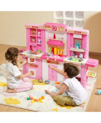 Kids Kitchen Playset, 3-in-1 Kitchen with Spray, Lights & Sounds, 74 PCS Cooking Accessories, Pretend Play Set for Kids