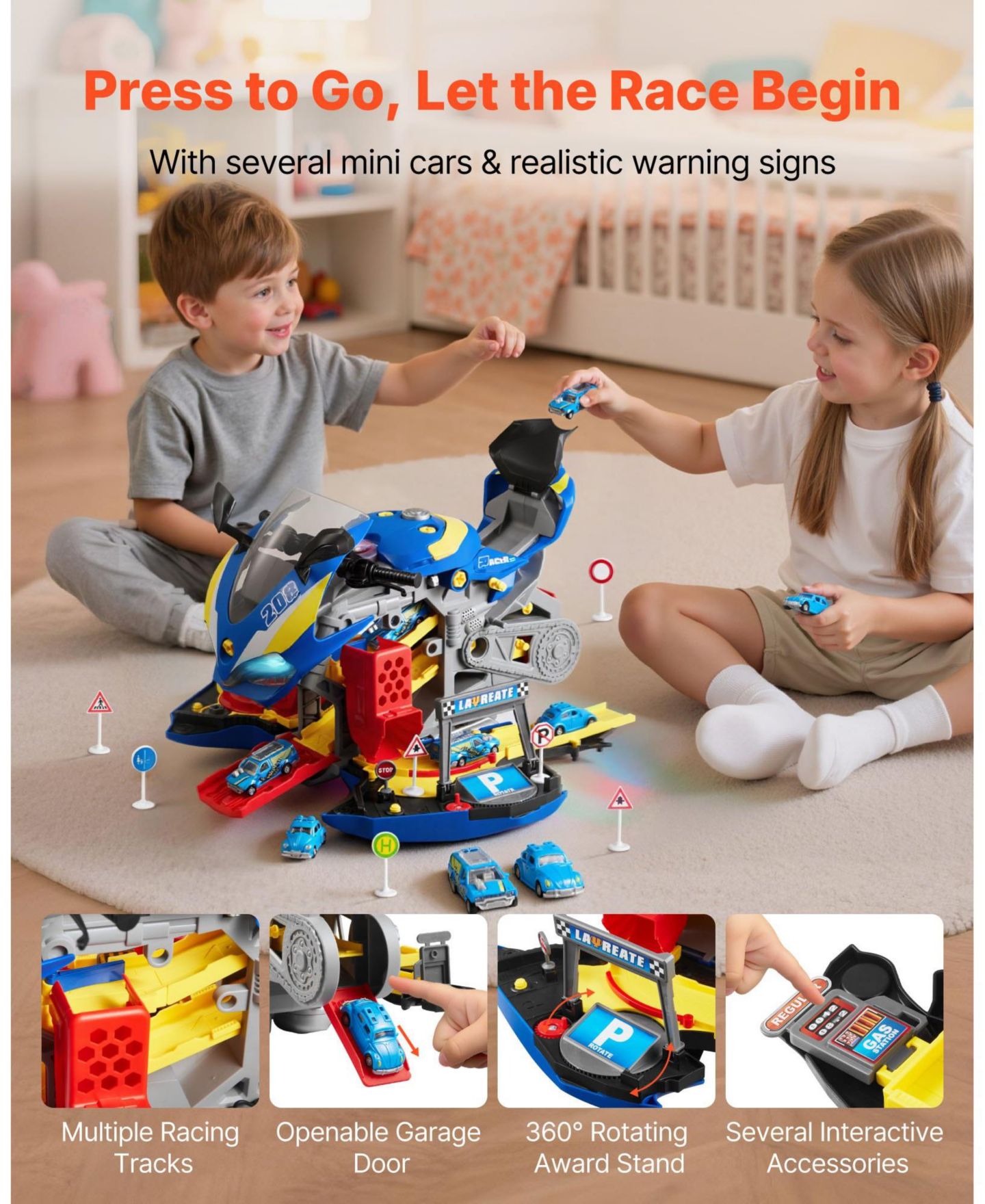 Детский игровой набор Mecale Motorcycle 6-in-1 Transforming Lights & Sounds Racing Track 25-Piece Playset, Ages 3+, цвет: Синий — фото 8