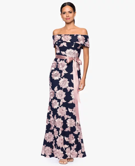 Petite Printed Off-The-Shoulder Gown - Navy Rose