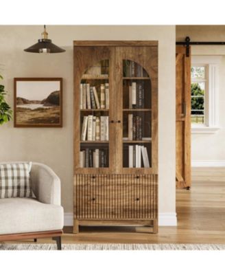 Wooden Pantry Cabinet, with Two Drawers for Kitchen, LED Light Strip