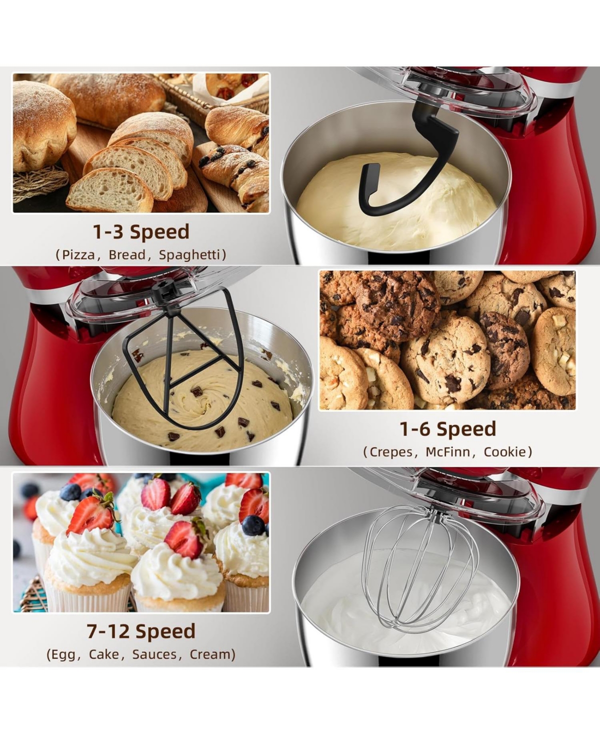 Cowsar Stand Mixer, 12 Speeds Tilt-Head Electric Commercial Stand Mixer, 3-In-1 Kitchen Mixer with Bowl, Dough Hook, Whisk and Beater