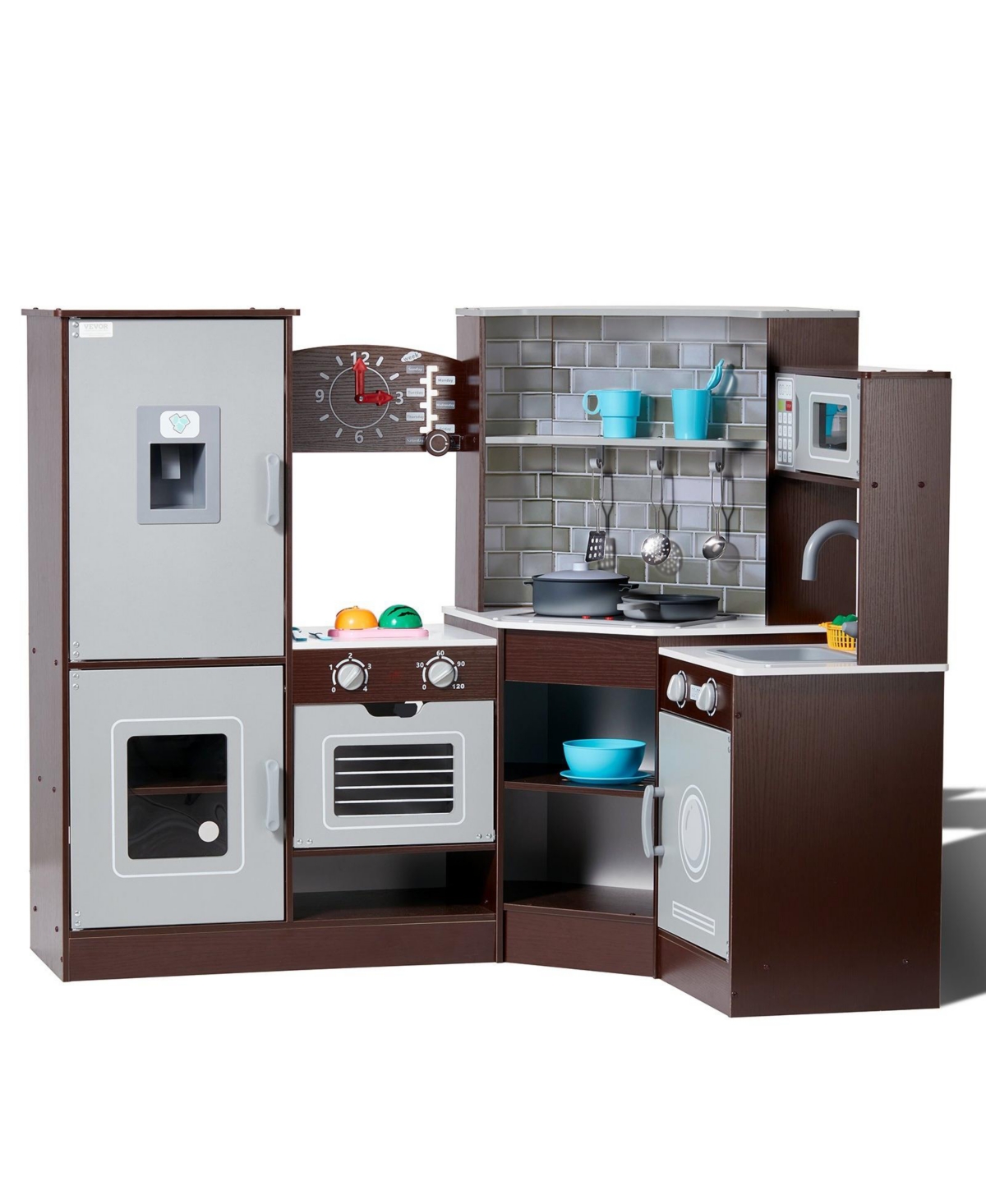 Mecale Corner Wooden Play Kitchen, Toy Set with Lights & Sounds, Ice Maker, Oven, Sink, Clock, Microwave, Fridge & Accessories