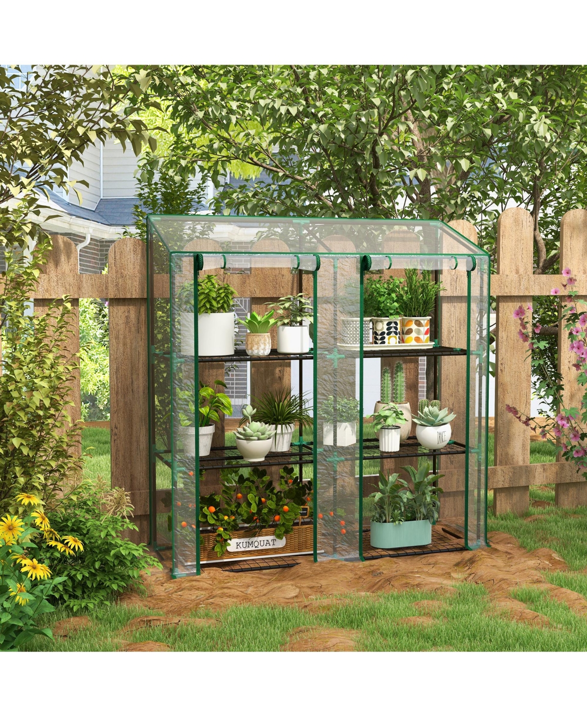 Outsunny Lean-to house with 3 Tier Shelves, Portable house,