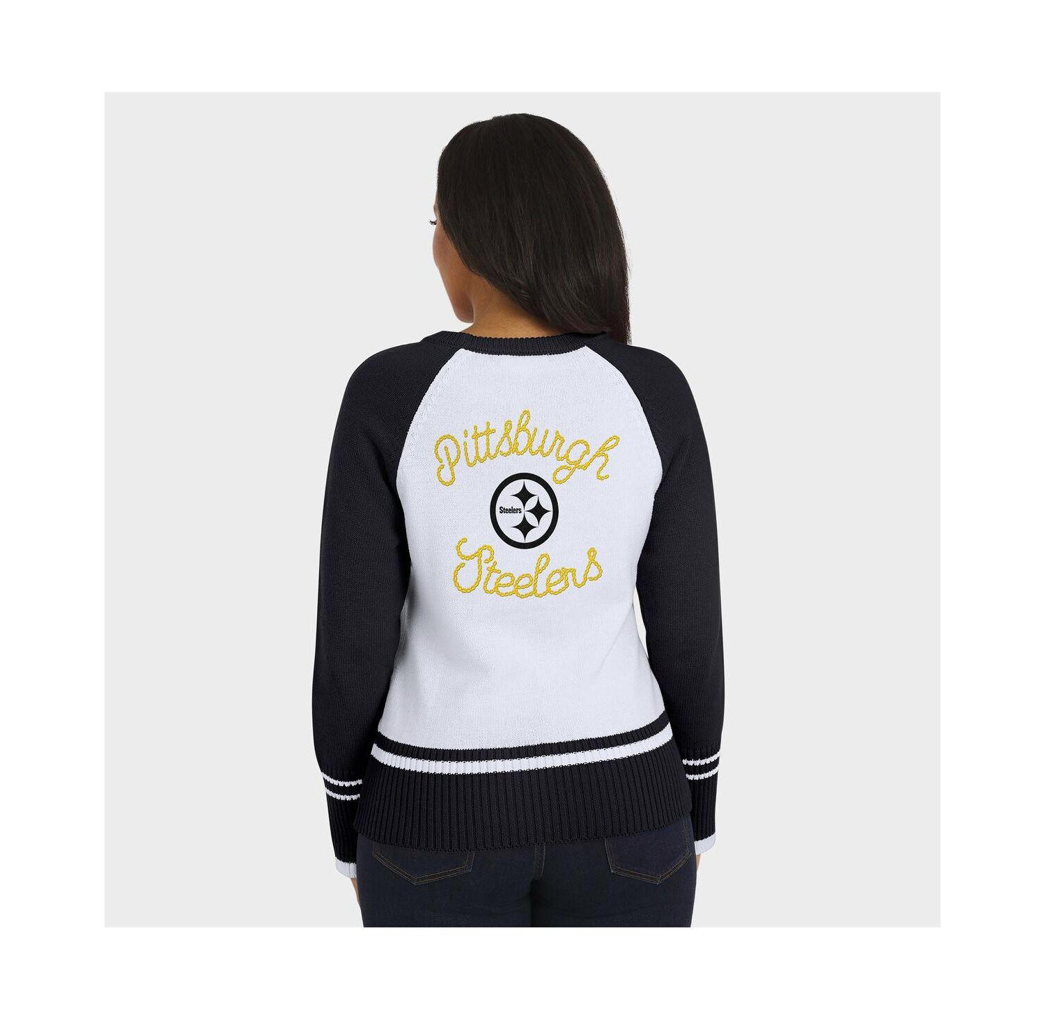 Women's White/Black Pittsburgh Steelers Color Block Raglan Sweater