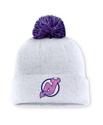 Men's White New Jersey Devils Authentic Pro Hockey Fights Cancer Cuffed Knit Hat with Pom