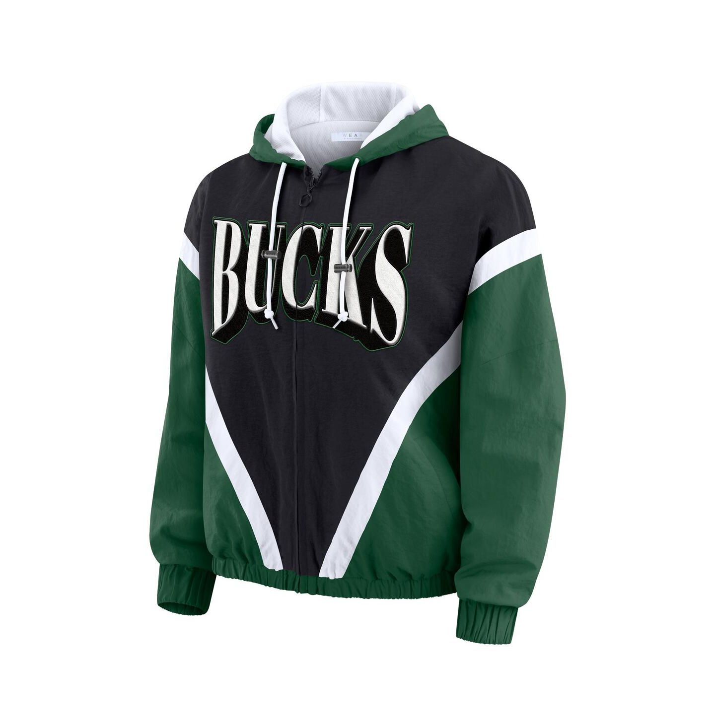Женские худи WEAR by Erin Andrews Black/Hunter Green Milwaukee Bucks Color Block Full-Zip Windbreaker Jacket — фото 2