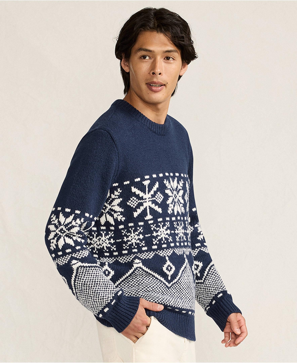 Lands' End Men's Long Sleeve Holiday Snowflake Crewneck Sweater
