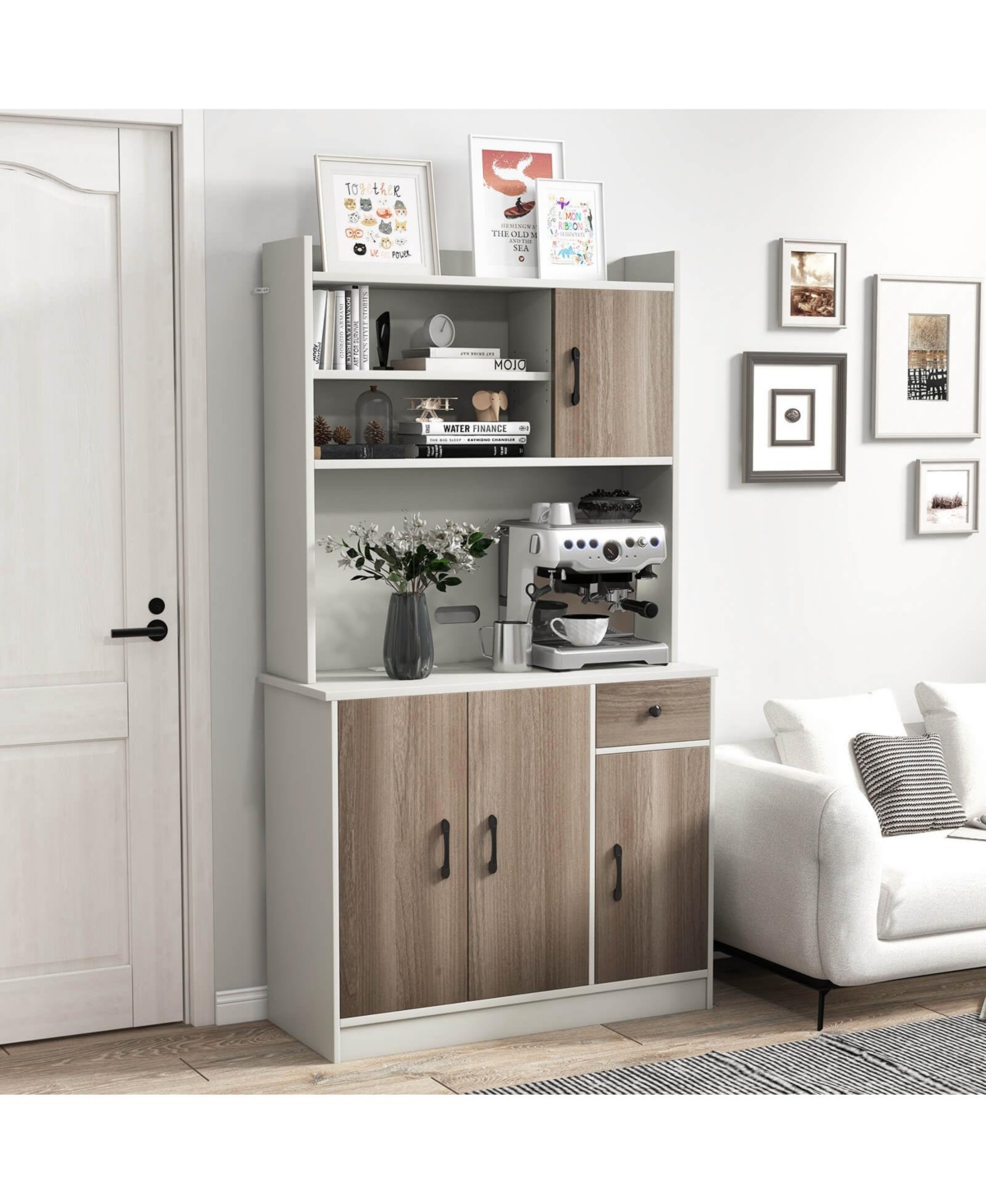 Costway 4-Door 71'' Kitchen Buffet Pantry Storage Cabinet w/Hutch Adjustable Shelf