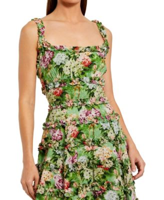 Women's Elegant Ruffled Floral Square Neck Midi Dress
