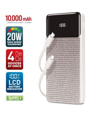 GabbaGoods 10,000mAh Rapid Charging Power Bank with LCD Battery Display, 2 Buillt-In Cables, Bling Design