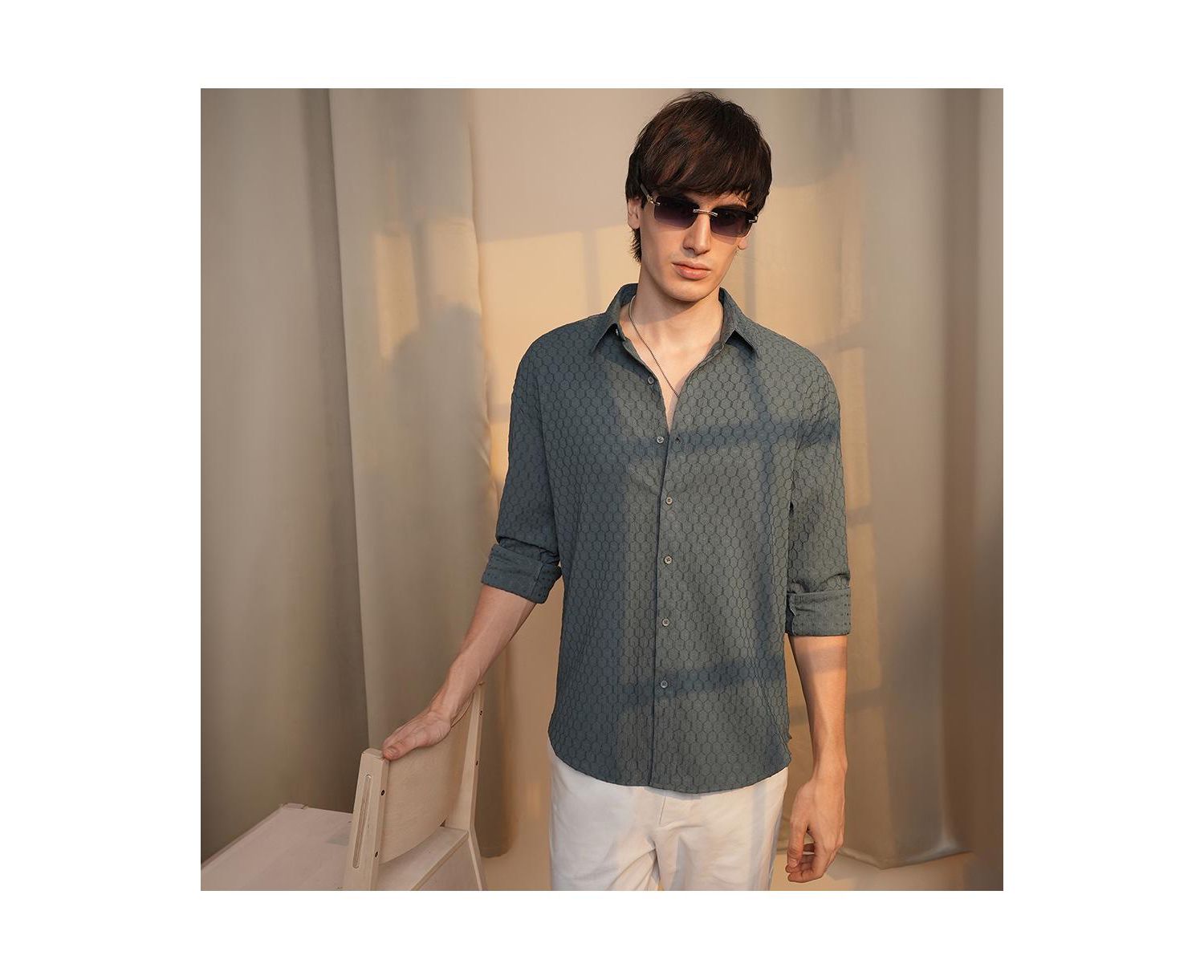 Men's Charcoal Grey Honeycomb-Textured Oversized Shirt