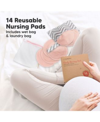 Maternity 14pk Organic Nursing Pads, Washable Breast Pads + Wash Bag, Reusable Nipple Pads