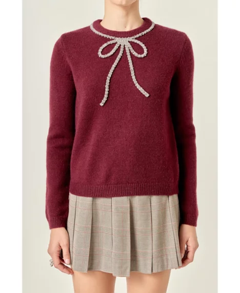 Petite Rhinestone Bow Knit - Wine
