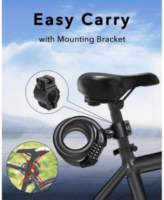 Combination Bike Lock Cable, High Security 5-Digit Resettable Anti-Theft Lock with Mounting Bracket for Bikes and Scooters - Jet Black, 15mm