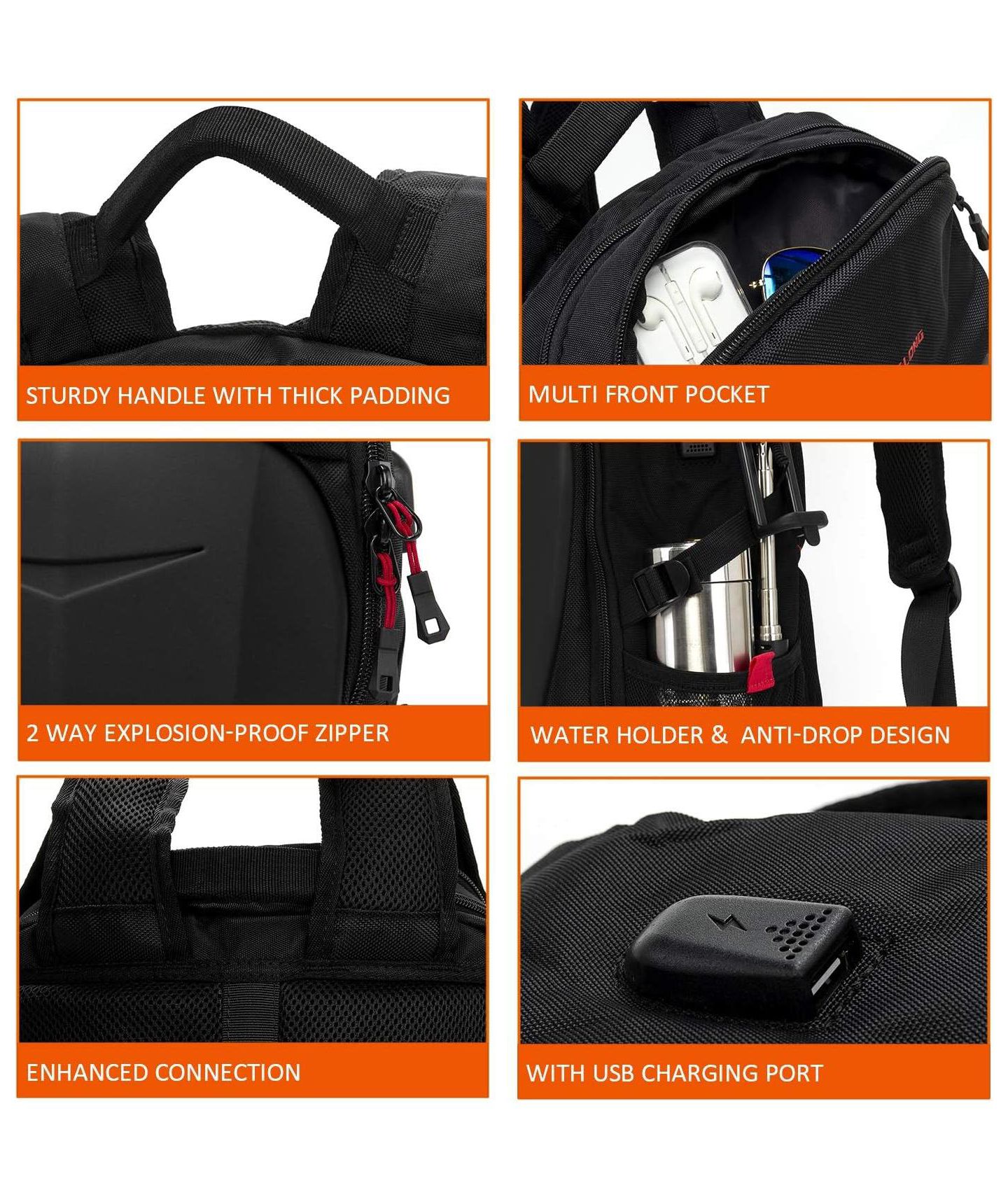 Рюкзак BATFOX Hardshell 7 Inch Laptop, Armored with USB Port & Rain Cover for Motorcycle, Outdoor, Racing - Waterproof, Matte Black, цвет: Чёрный — фото 5