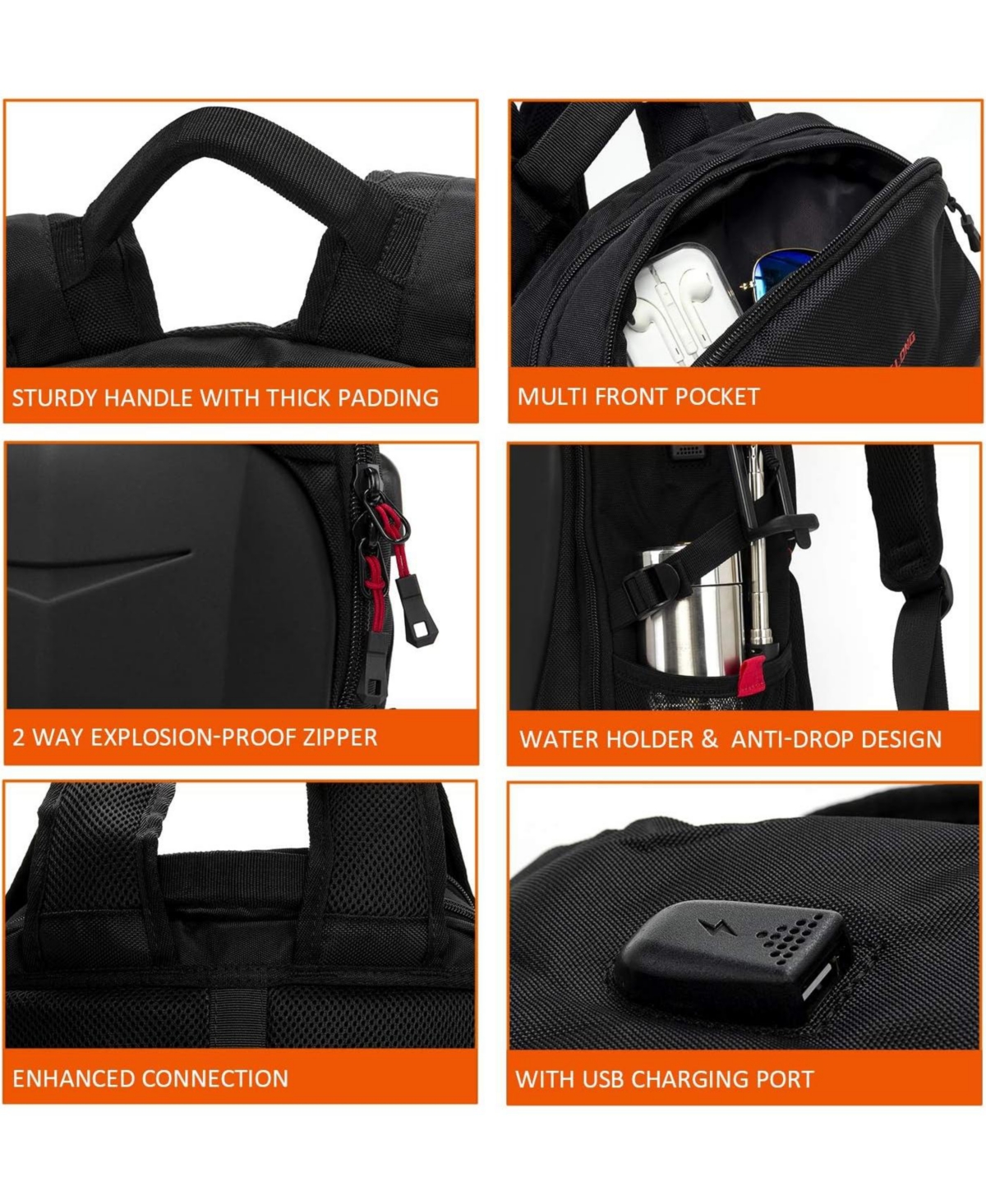 Batfox Hardshell 7 Inch Laptop Backpack, Armored with Usb Port & Rain Cover for Motorcycle, Outdoor, Racing - Waterproof, Matte Black