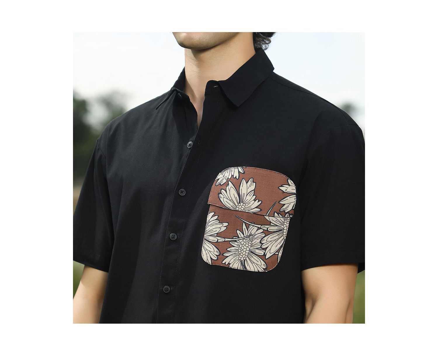 Men's Chocolate Brown & Obsidian Black Flora-Block Shirt