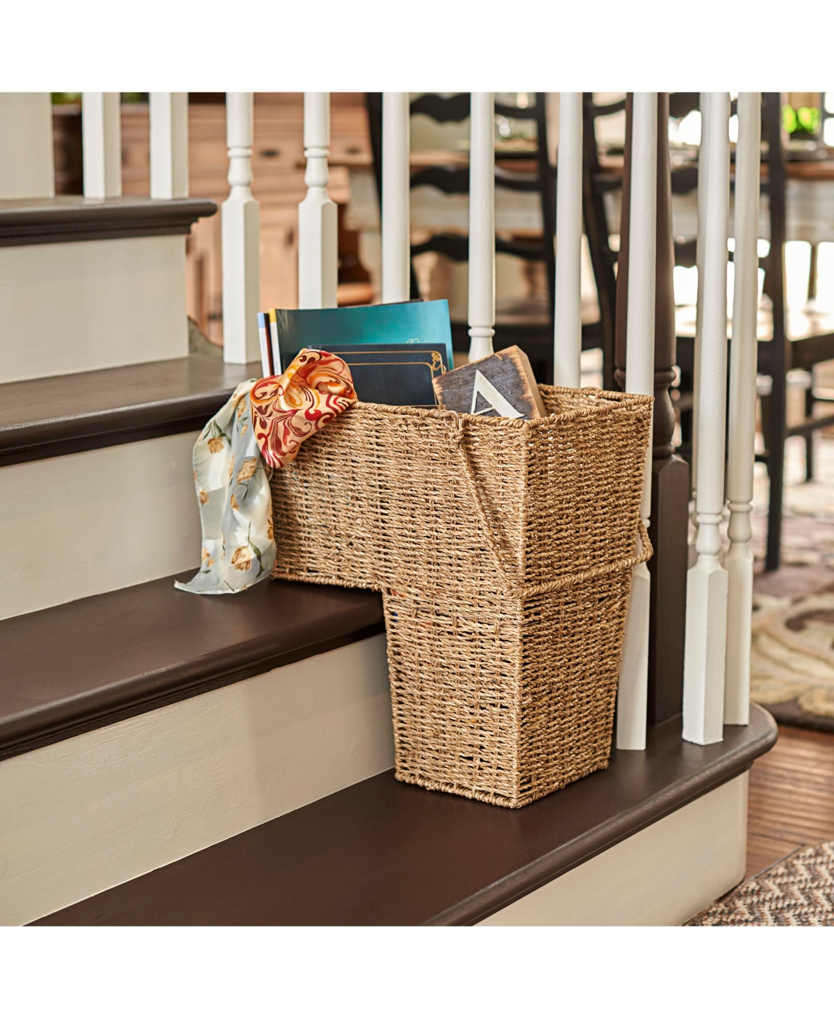 Household Essentials Wicker Stair Basket with Handles, Natural