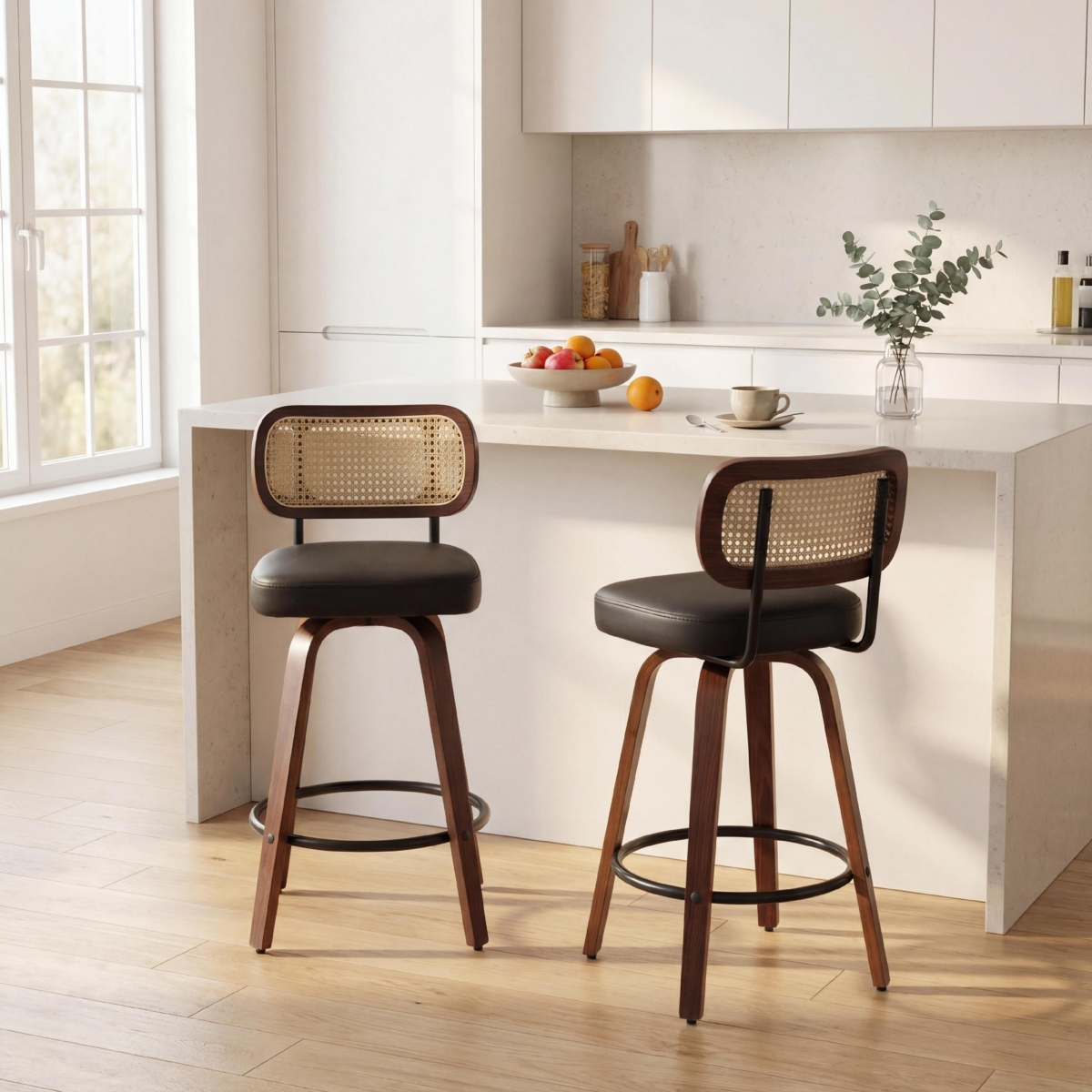 Set of Mid-Century Modern Swivel Bar Stool with Cane Back