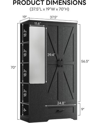 Black Armoire Wardrobe Closet 70 Inches with Mirror, 2 Doors, Drawer, and Shelves
