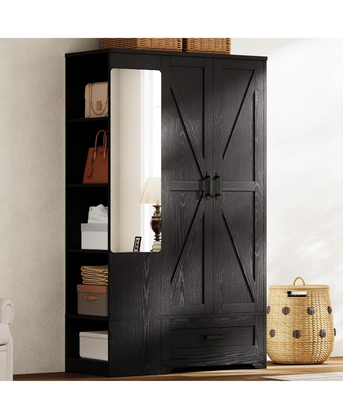Likimio Black Armoire Wardrobe Closet 70 Inches with Mirror, 2 Doors, Drawer, and Shelves
