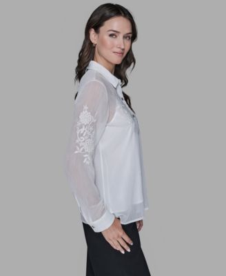 Women's Long-Sleeve Embroidered Flower Blouse