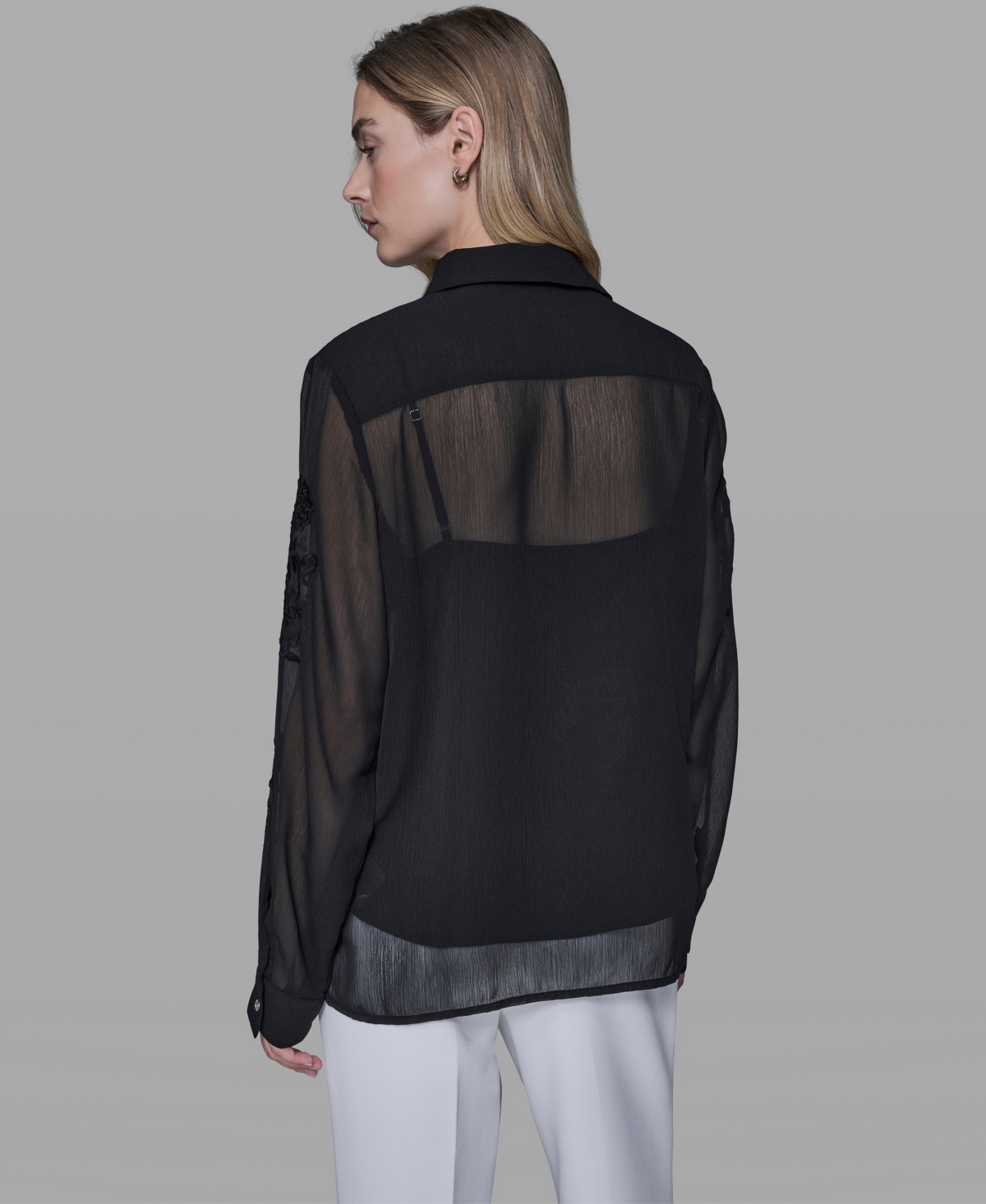 Karl Lagerfeld Paris Women's Long-Sleeve Embroidered Flower Blouse