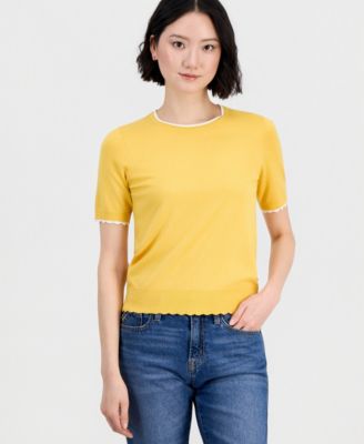 Nautica Women's Scallop-Trim Short Sleeve Crewneck Sweater