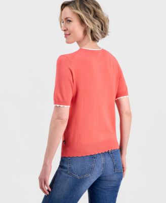 Nautica Women's Scallop-Trim Short Sleeve Crewneck Sweater