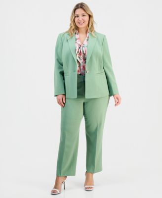 Plus Size Stretch-Crepe Single-Button Seamed Jacket, Floral-Print Tie-Neck Sleeveless Top & High-Rise Stretch Crepe Pants