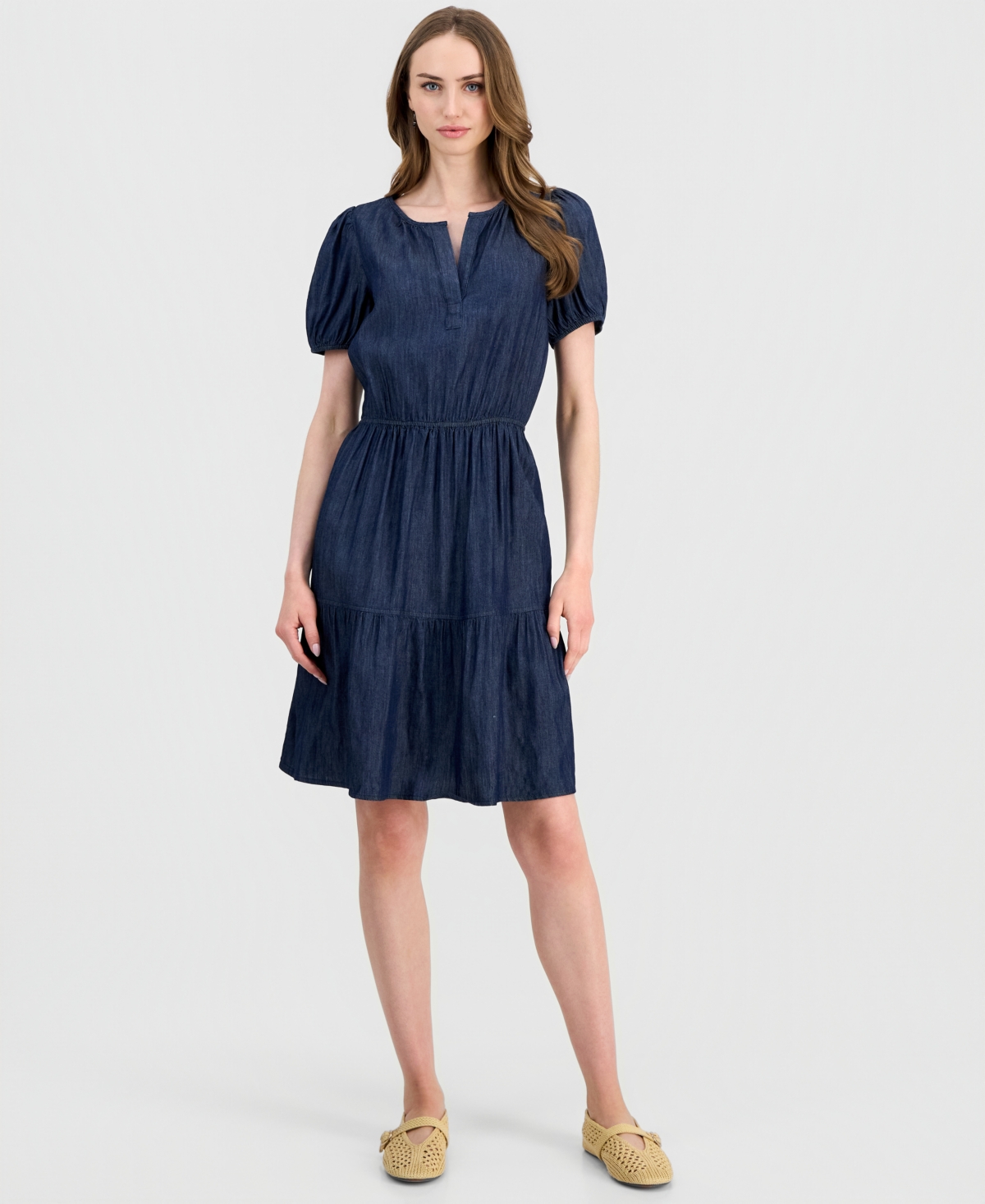 Nautica Jeans Women's Chambray Puff-Sleeve Tiered Dress