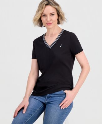 Women's Solid Stripe-Trim V-Neck