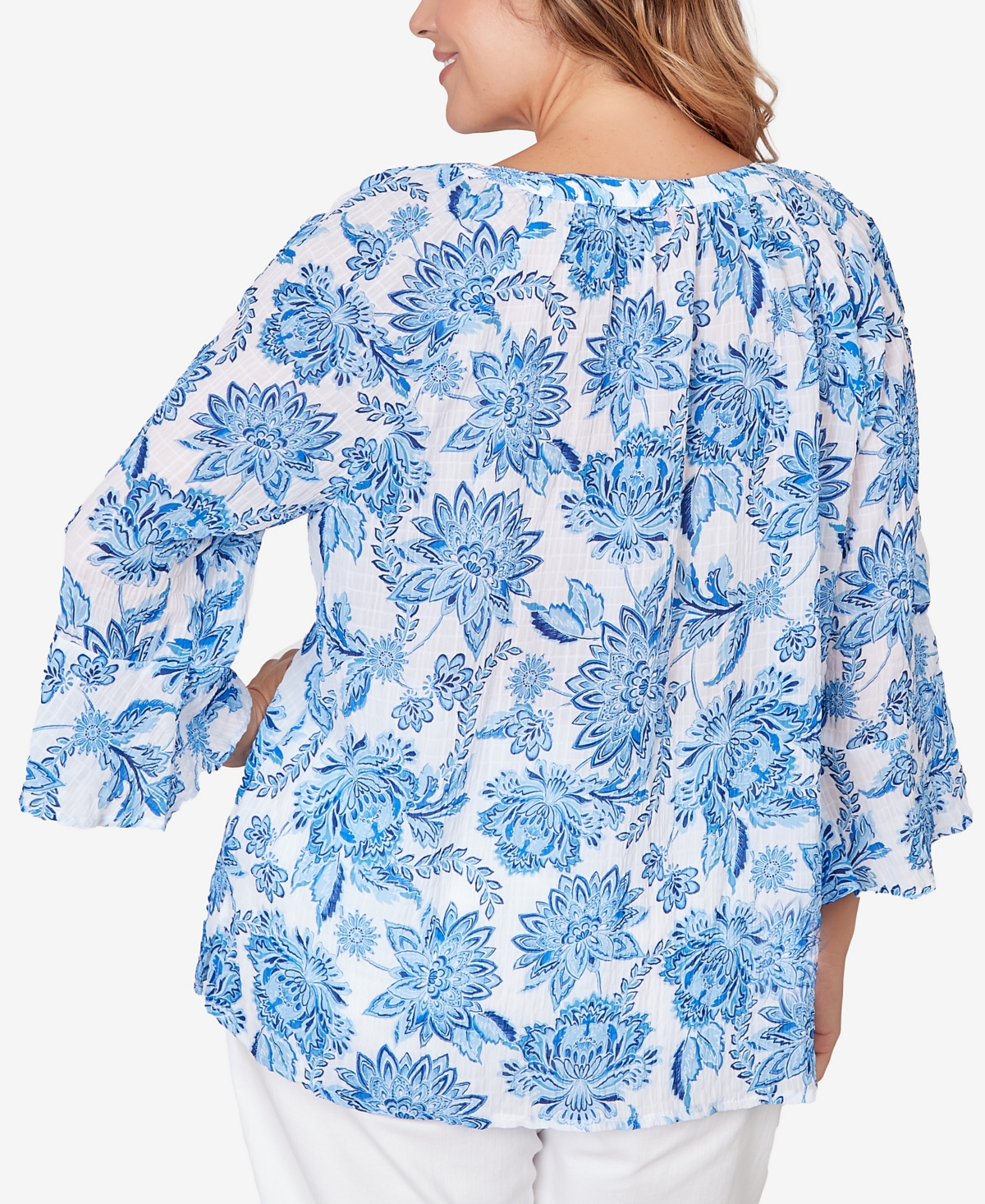 Hearts Of Palm Plus Size Printed Crinkle 3/4 Sleeve Top In Blue