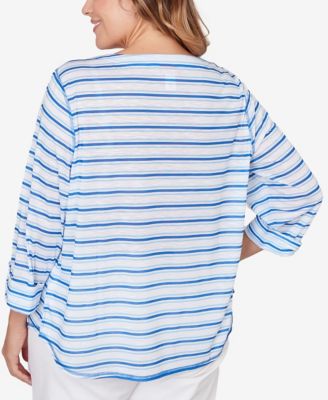 Plus Size Printed 3/4 Sleeve Roll Tab Top