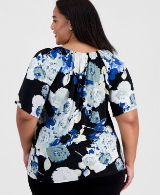Plus Size Printed V-Neck Flutter-Sleeve Top