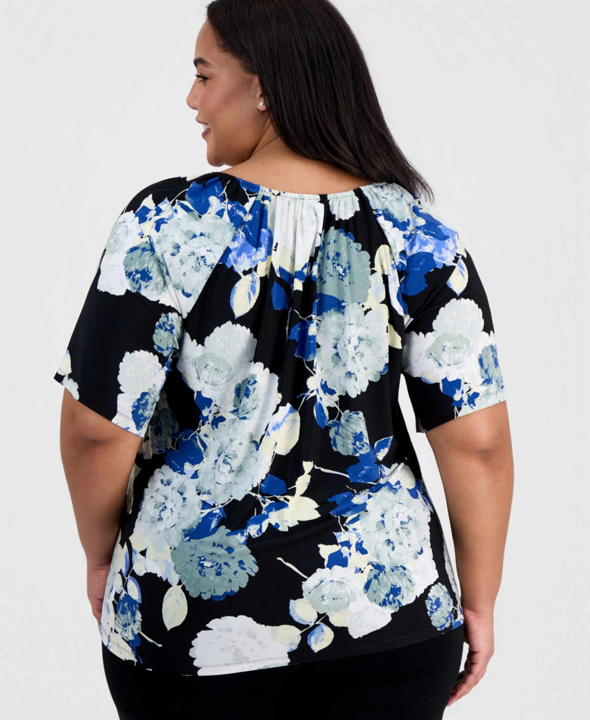 Ak Anne Klein Plus Printed V-Neck Flutter-Sleeve Top