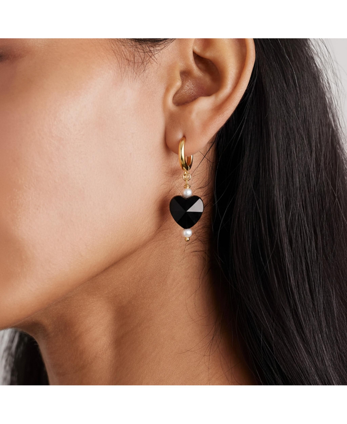 18K Gold Plated Huggies Freshwater Pearls with Black Heart Charm - Kuro Earrings For Women