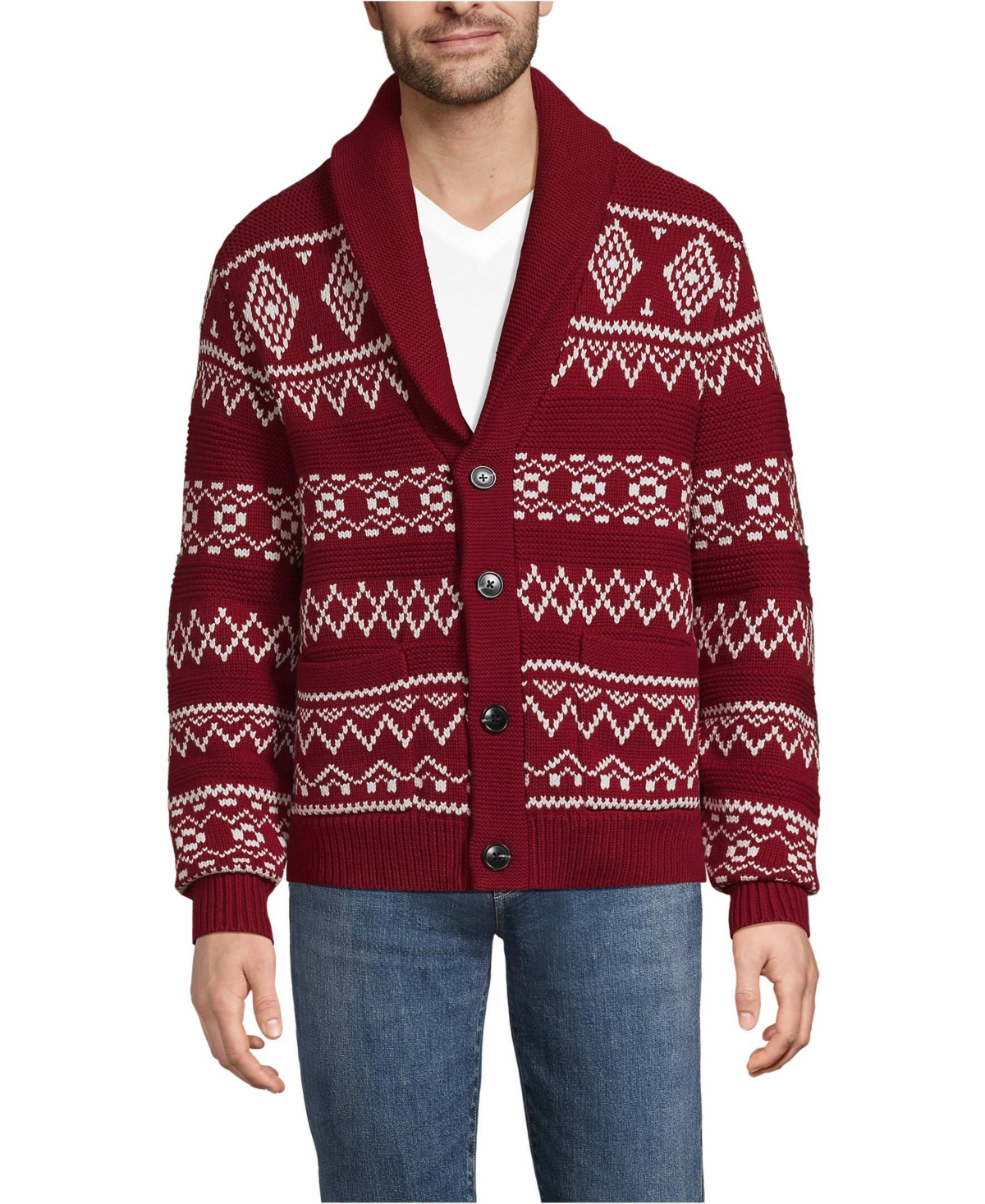 Lands' End Men's Long Sleeve Cotton Blend Shawl Fairisle Cardigan