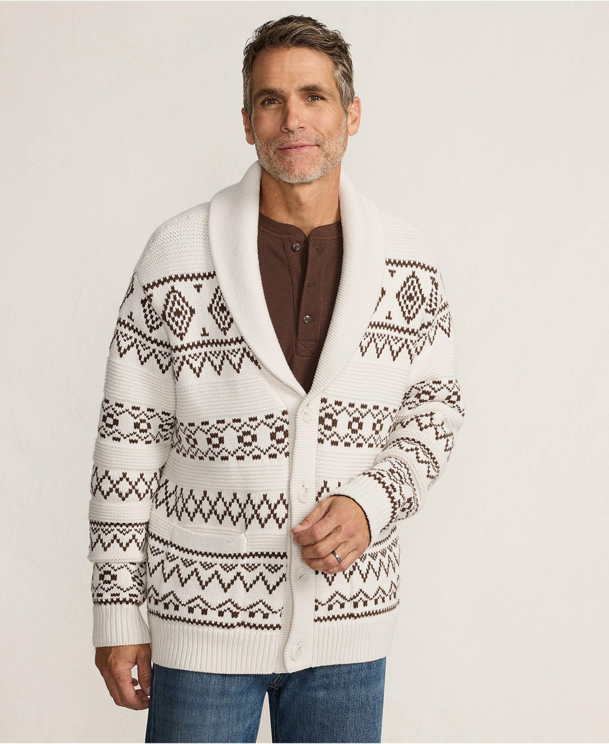 Lands' End Men's Long Sleeve Cotton Blend Shawl Fairisle Cardigan