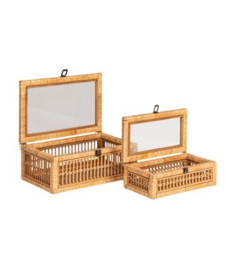 Rattan and Bamboo Nestable Storage Boxes with Glass Lids, Set of 2
