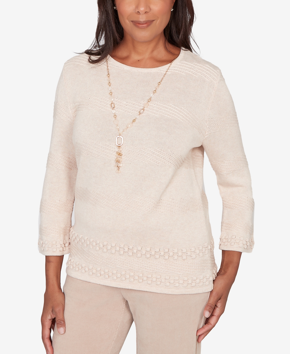 Alfred Dunner Women's Saratoga Springs Textured Biadere Striped Sweater with Necklace